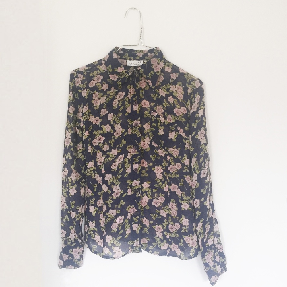 H&M Vintage Floral Blouse, Blue/Pink, XS/34
